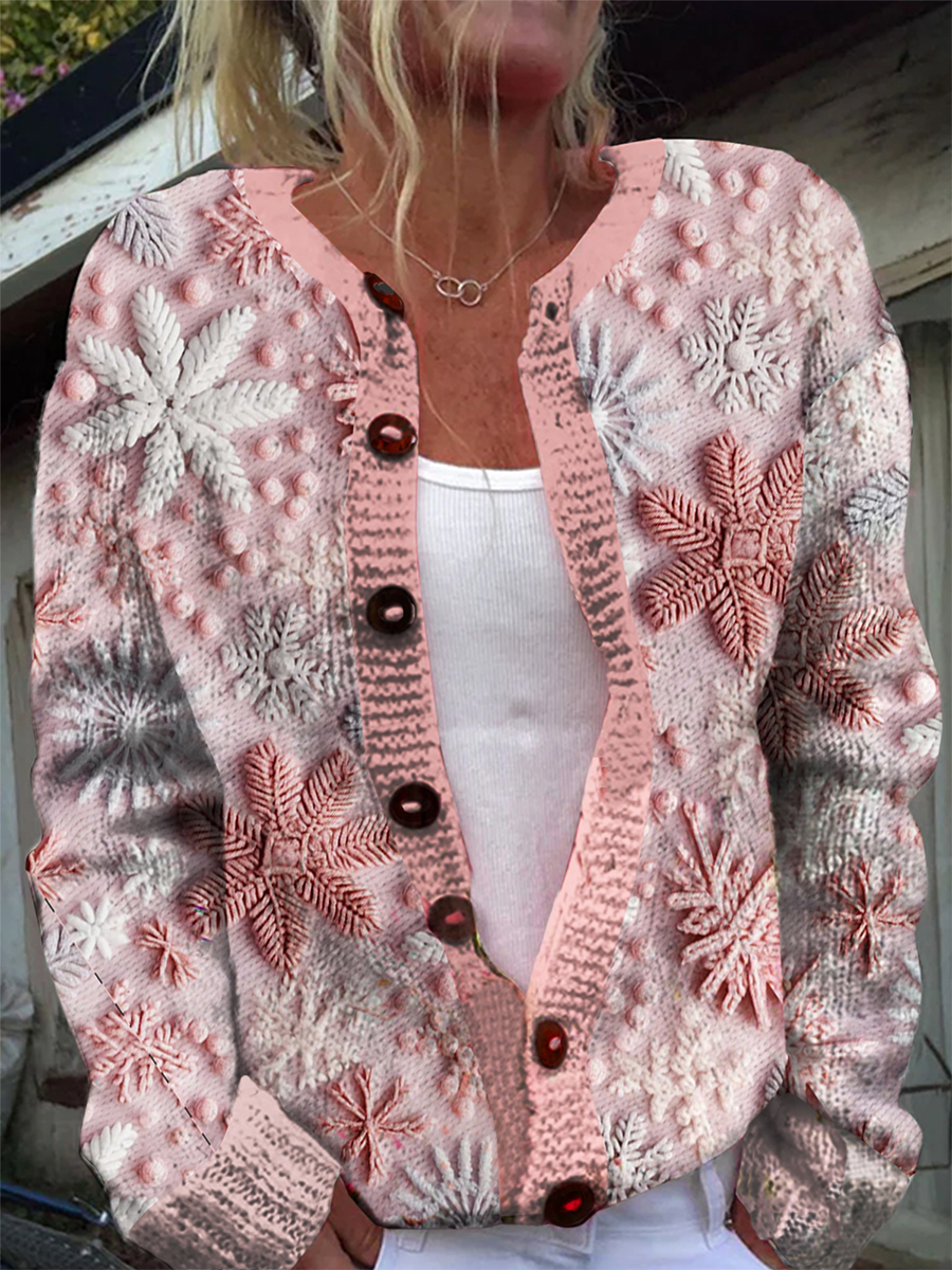 Pink Snowflake Print Casual Long Sleeve Knitted Cardigan