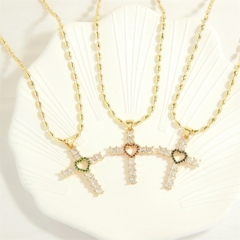 Minimalist Cross Heart Shape Copper 18k Gold Plated Zircon Pendant Necklace In Bulk