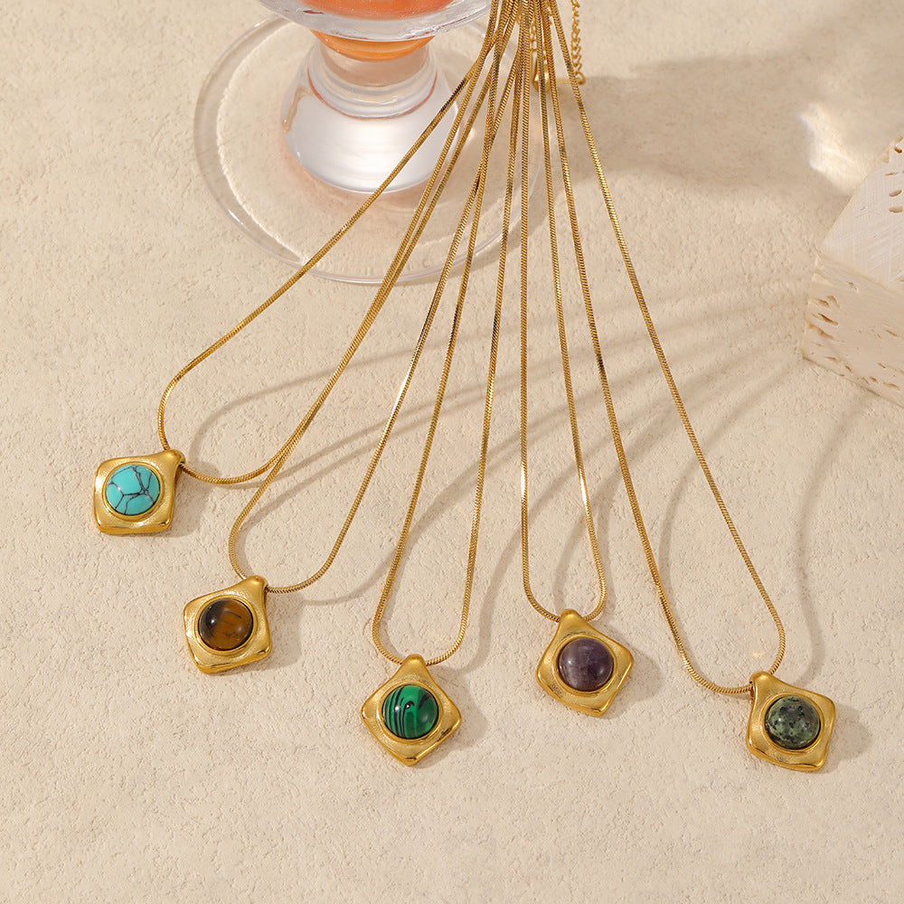 French Retro Style Tiger Eye Turquoise Natural Stone Pendant Necklace Stainless Steel 18K Gold Plated Clavicle Chain