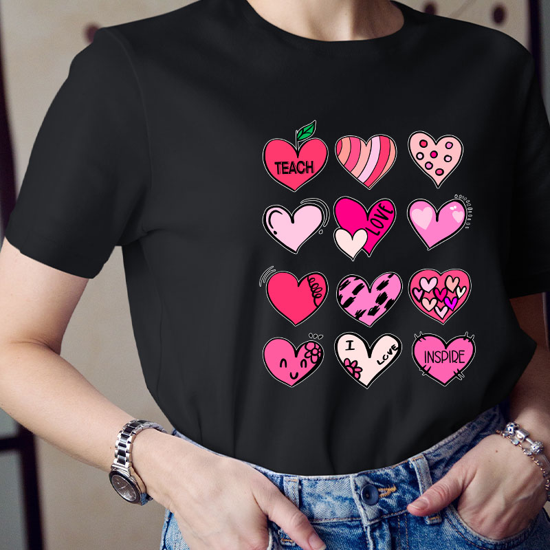 Cartoon Hearts Teach Love Inspire Teacher T-Shirt