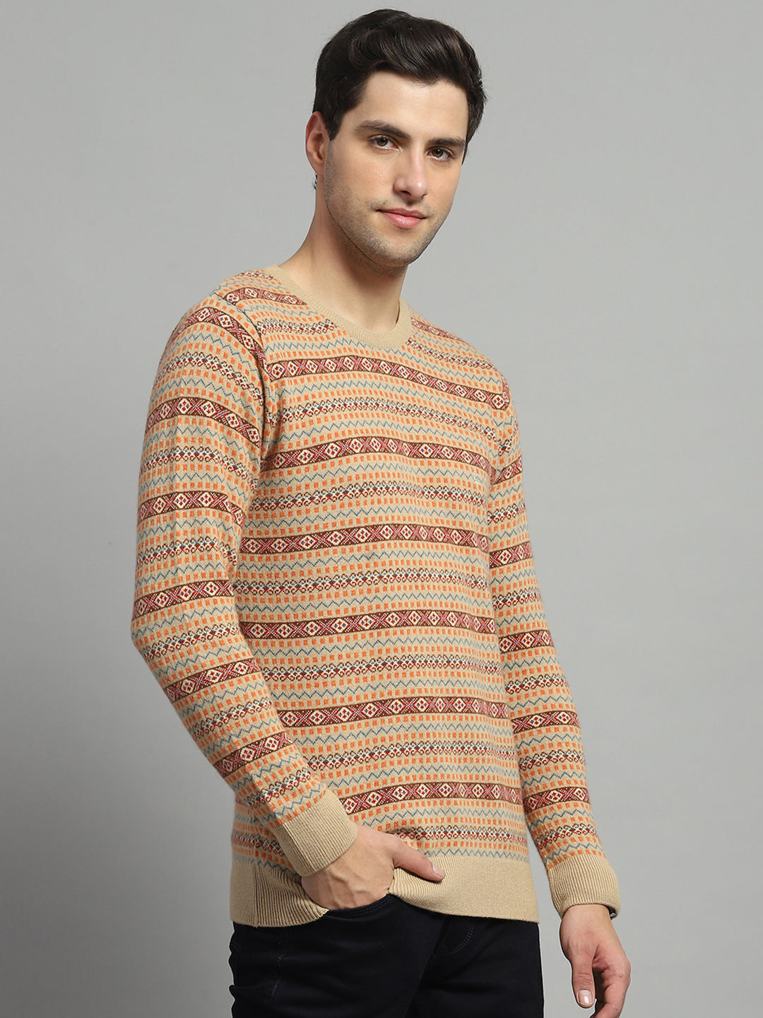 Men Camel Brown Self Design Round Neck Full Sleeve Pullover