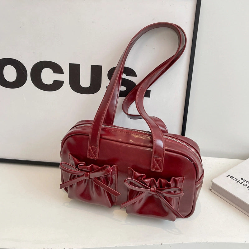 Women's Large Pu Leather Solid Color Bow Knot Streetwear Square Zipper Shoulder Bag
