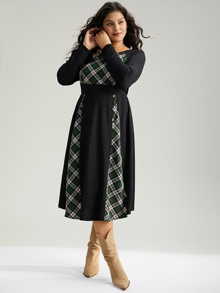 Christmas Plaid Patchwork Button Detail Dress