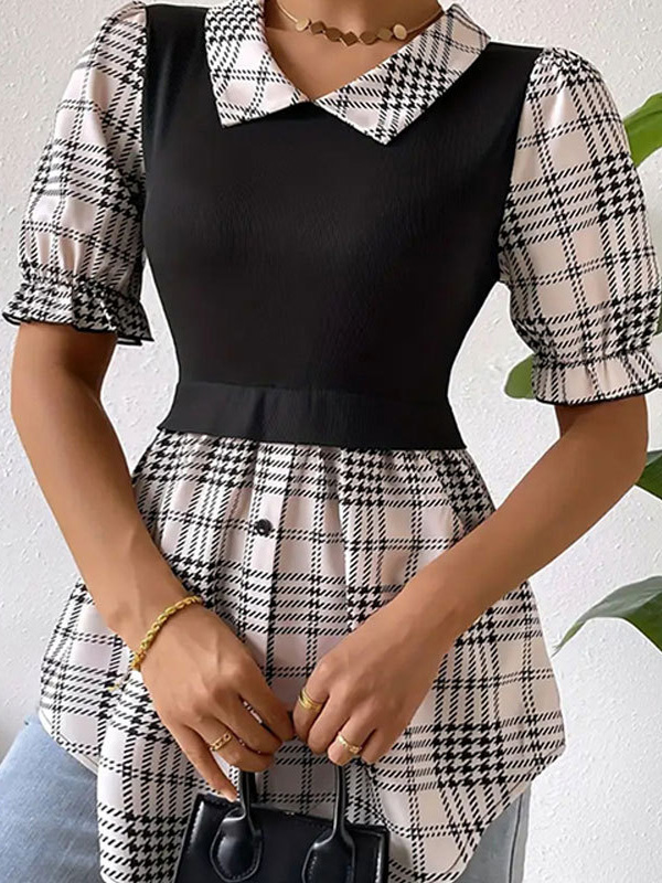 Bishop Sleeve False Two Buttoned Elasticity Plaid Split-Joint Lapel Blouses&Shirts Tops
