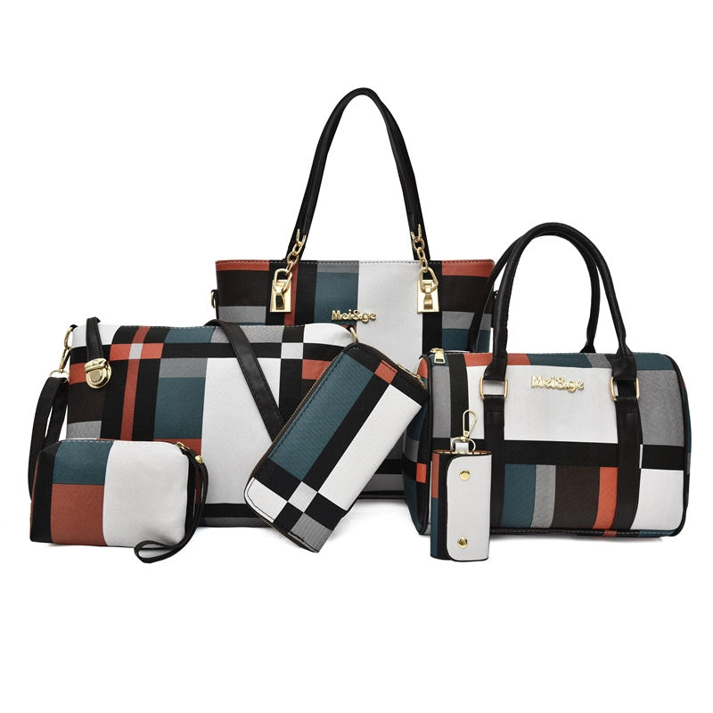 Women's Large All Seasons Pu Leather Plaid Fashion Bucket Zipper Bag Sets