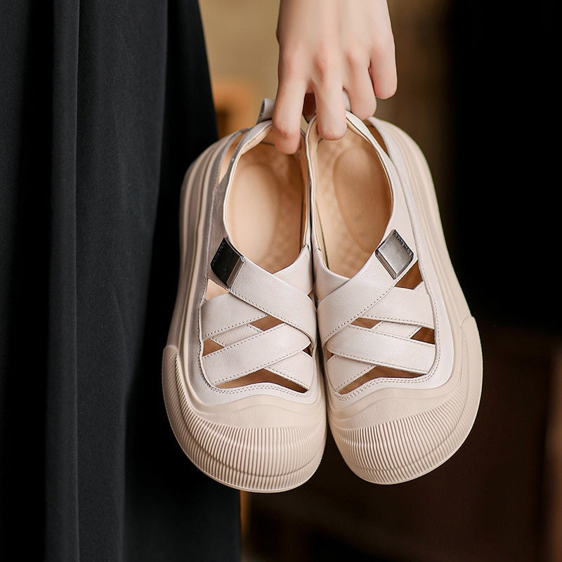 Platform Hollow-Out Low-top Roman Sandals Cow Leather Fisherman Shoes in Beige/Yellow/Green
