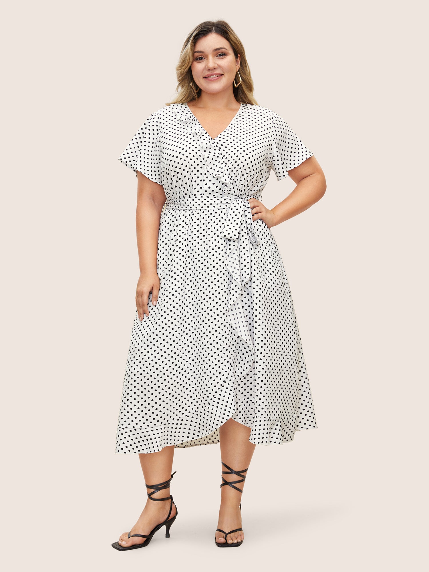 Polka Dot Flutter Trim Belted Overlap Collar Dress