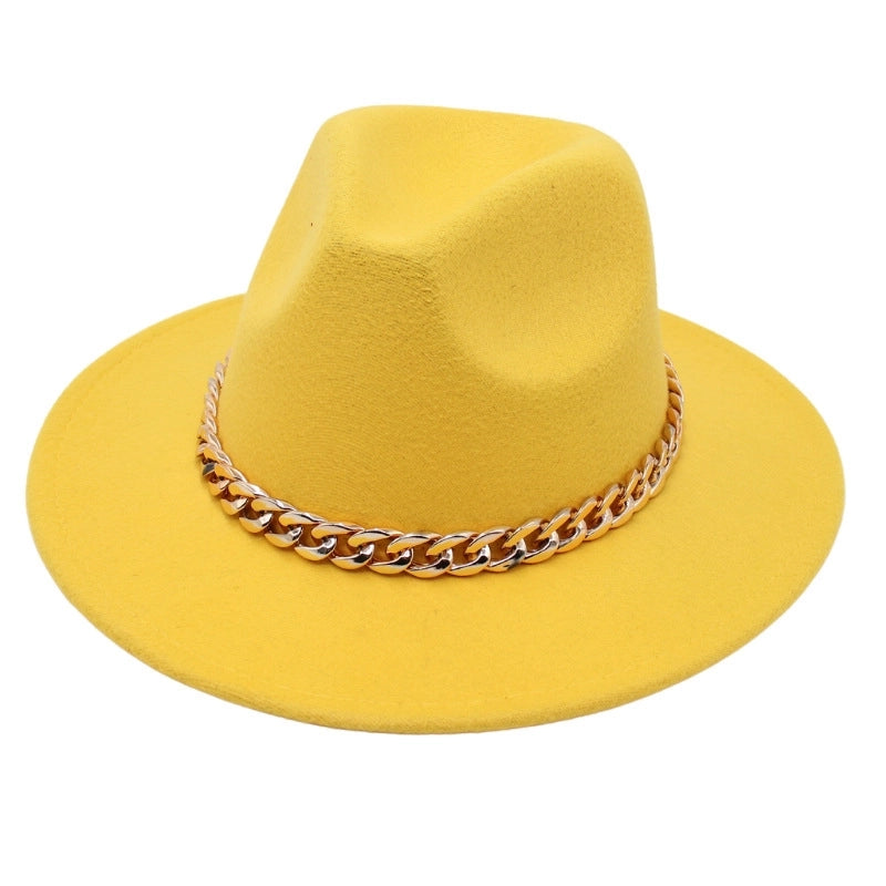 Chain Accessories Panama Hat Autumn And Winter  Jazz Woolen Hat Women's Fashion Big Brim Soft Felt Hat