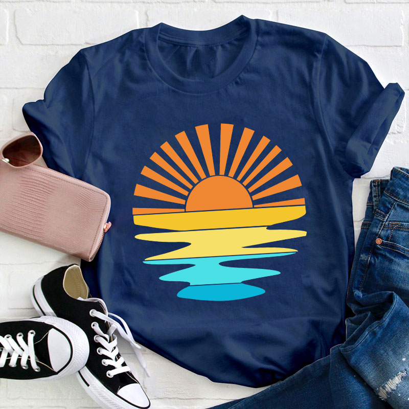 Retro Sunset Rays Wavy Teacher T-Shirt