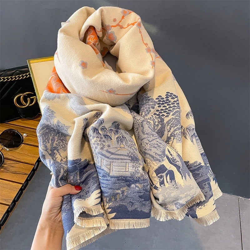 Women's Elegant Minimalist Landscape Imitation Cashmere Tassel Scarf