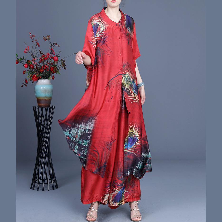 Summer 2024 Loose Silk Red Print Coat + Two Piece Pants