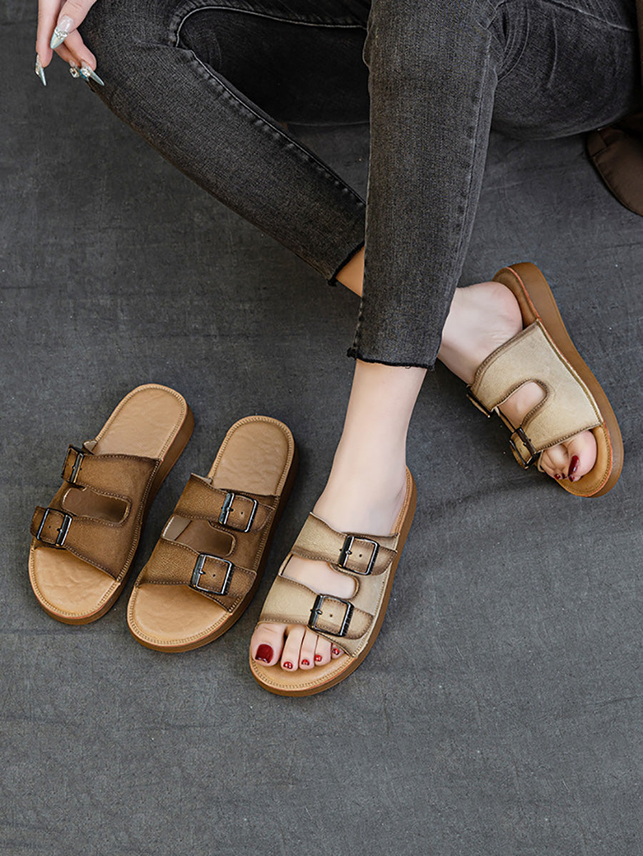 Women Summer Casual Genuine Leather Flat Slippers
