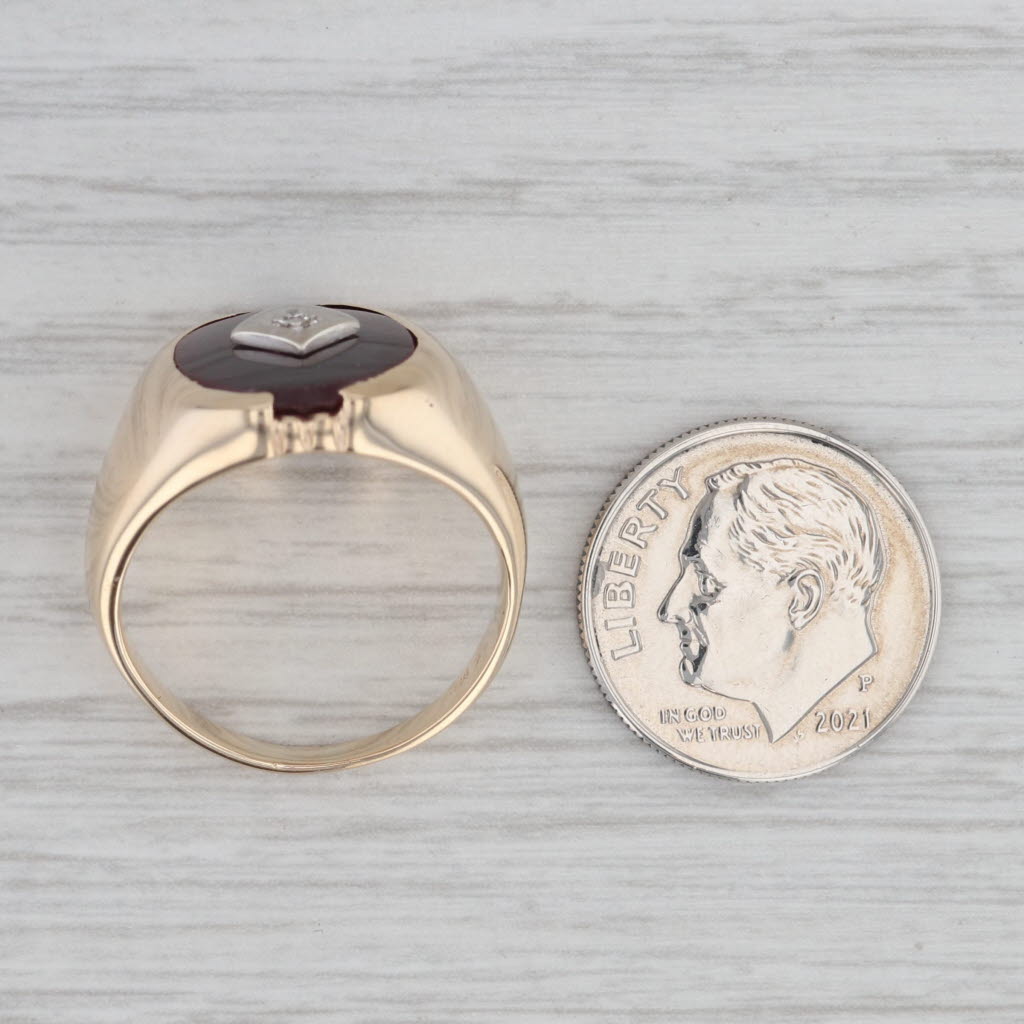 Vintage Lab Created Ruby Diamond Signet Ring 10k Yellow Gold Size 7.5