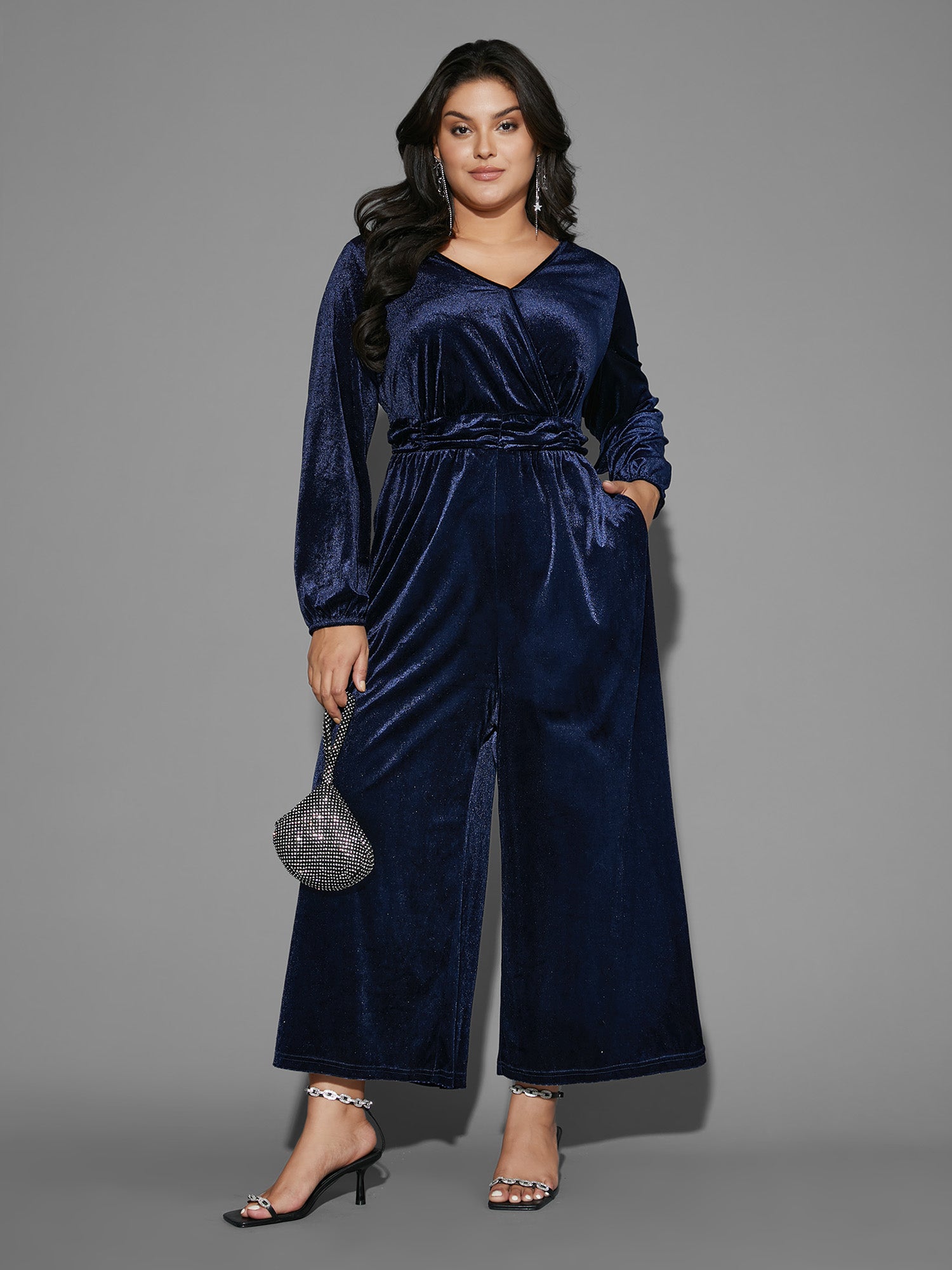 Plain Velvet Overlap Collar Jumpsuit