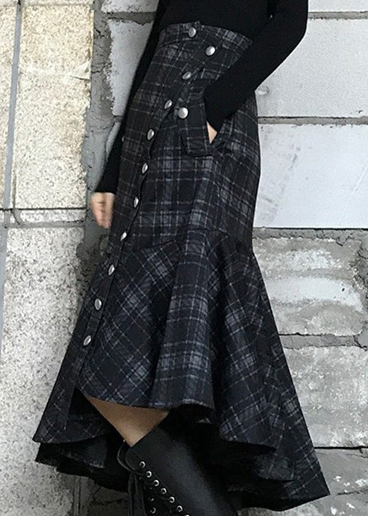 Natural Dark Grey Asymmetrical Plaid Cotton Skirts Spring