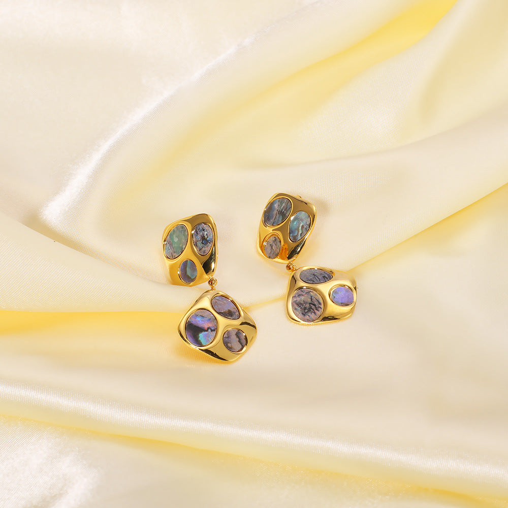 Ins Simple Design Stainless Steel Irregular Inlaid Natural Black Shell Geometric 18K Gold Earrings