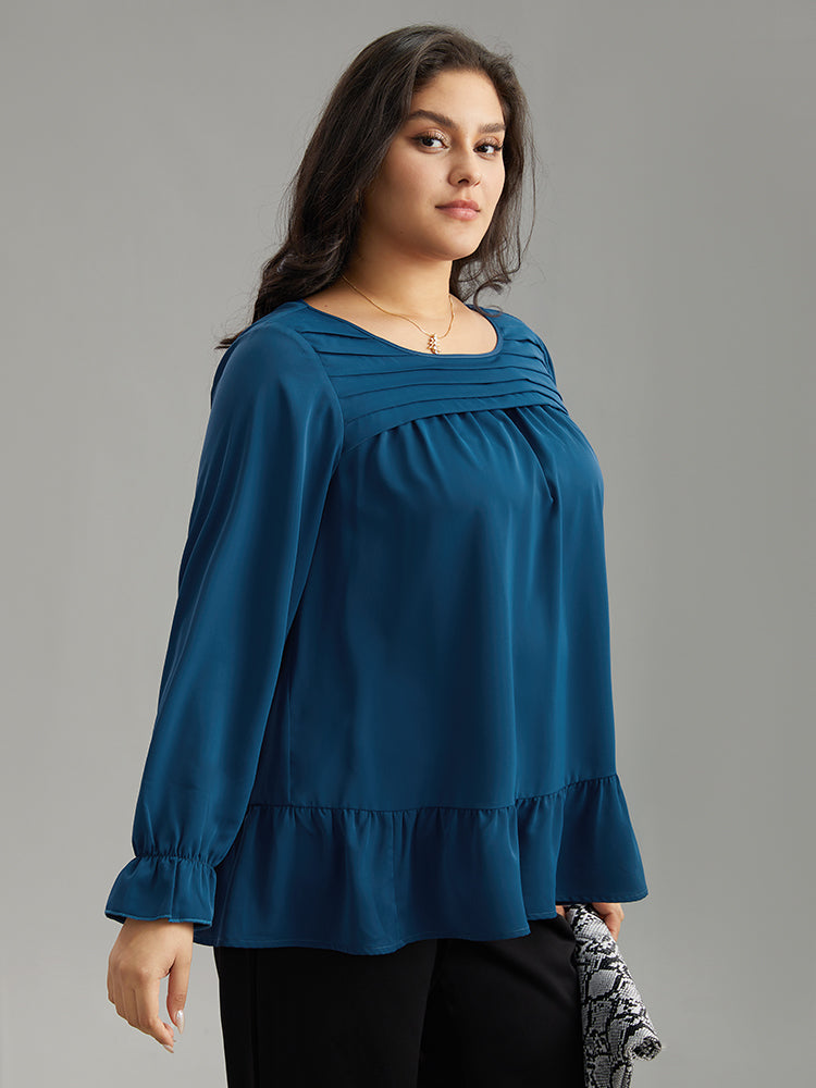 Static-Free Plain Pleated Ruffles Lantern Sleeve Blouse
