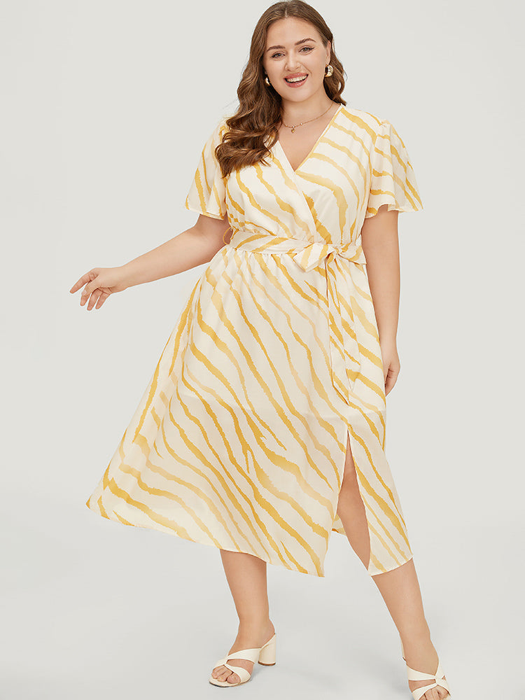 Zebra Print Wrap Pocket Belt Ruffle Sleeve Split Dress