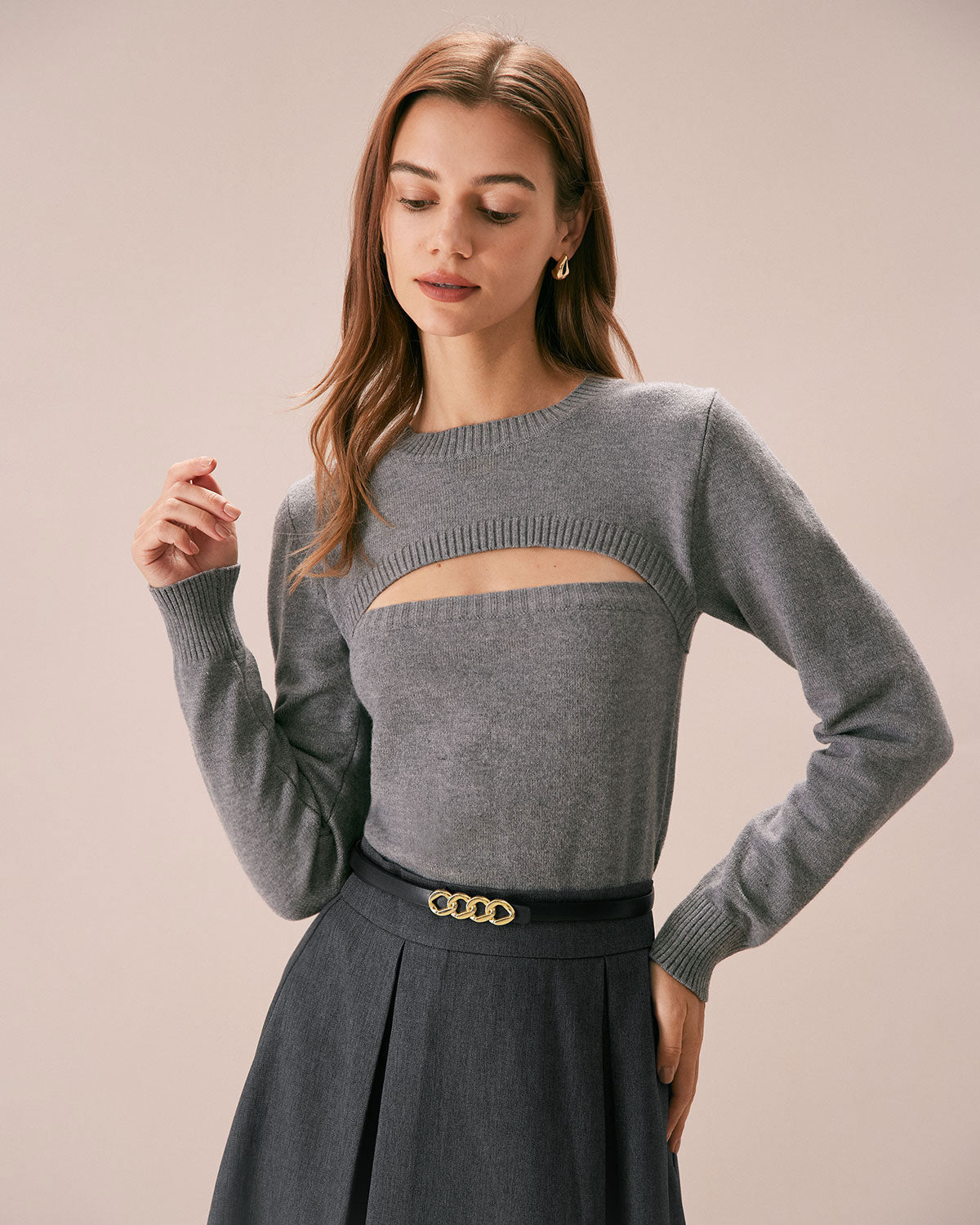 The Grey Crew Neck Cutout Ribbed Sweater