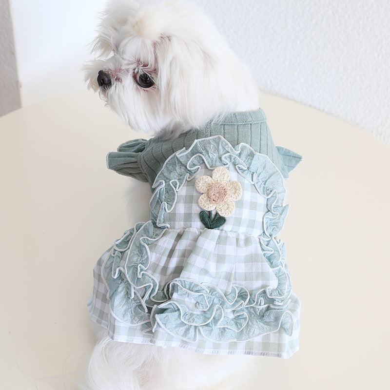 Sweet Flower Plaid Lace Dog Cat Dress