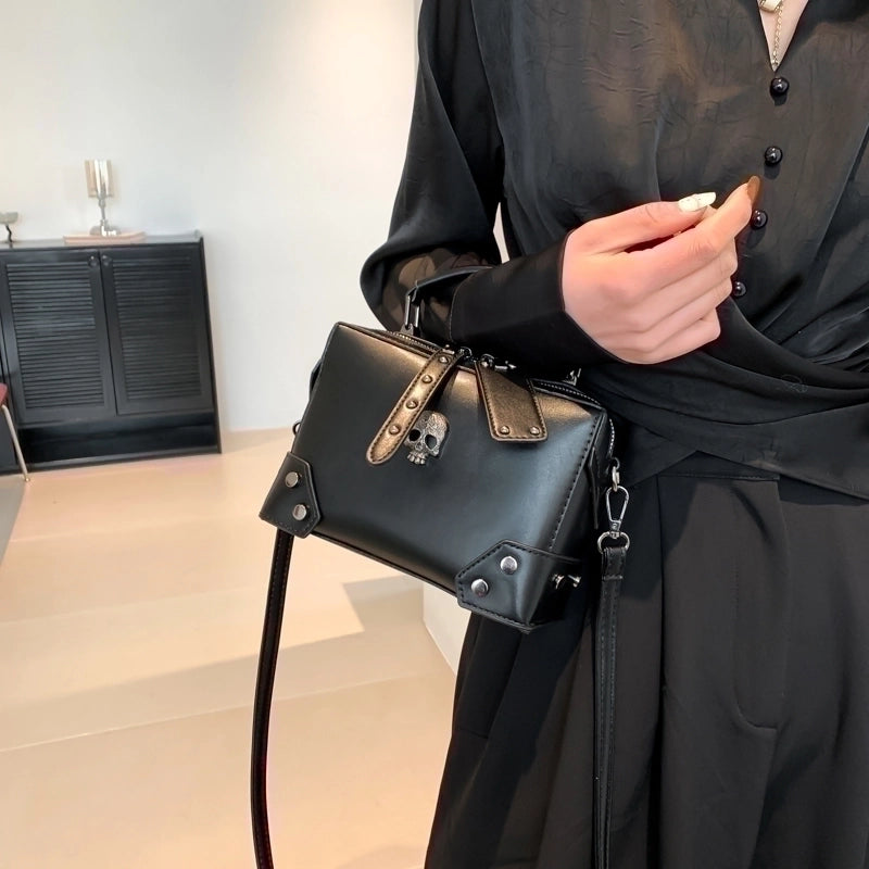 Halloween Women's Pu Leather Cross Skull Punk Sewing Thread Zipper Crossbody Bag