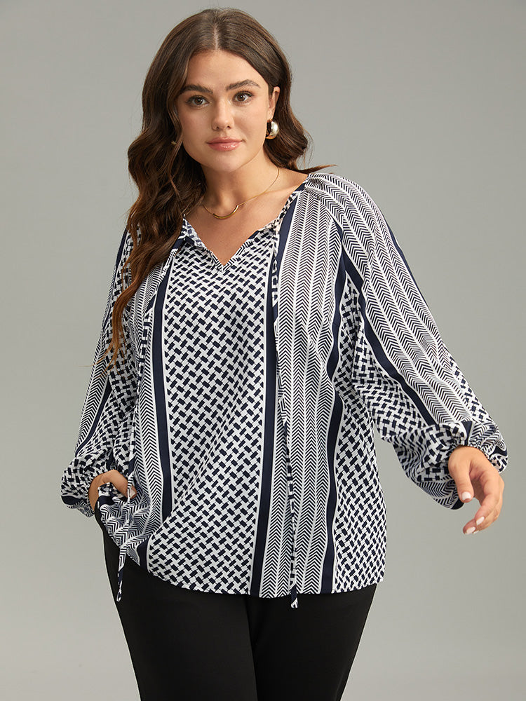 Geo Striped Tie Lantern Sleeve Blouse
