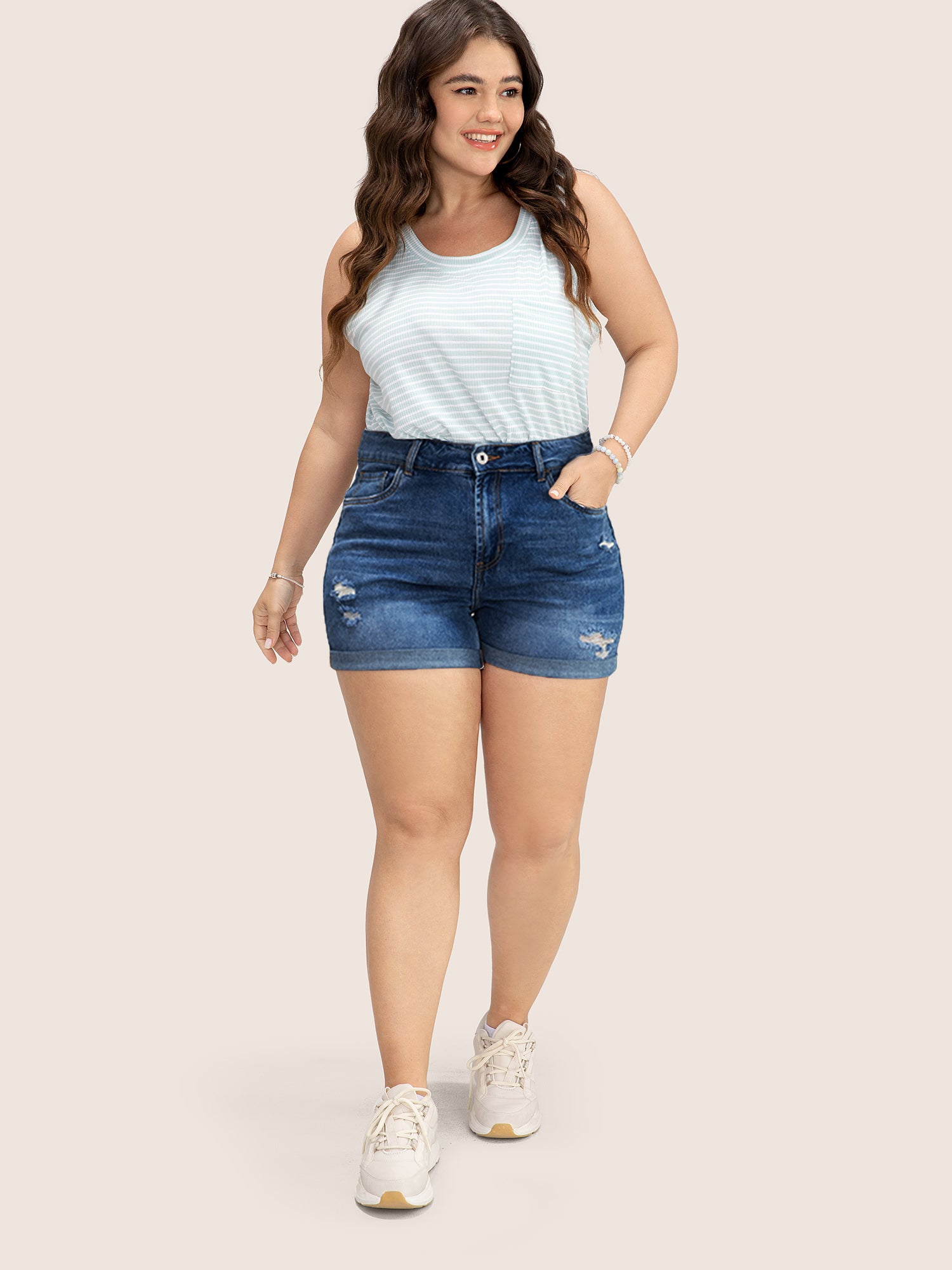 Skinny Very Stretchy Light Wash Roll Hem Distressed Denim Shorts