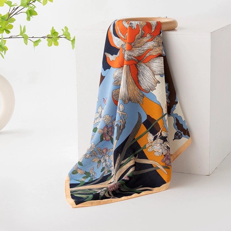 Women's Retro Plaid Flower Satin Silk Scarf
