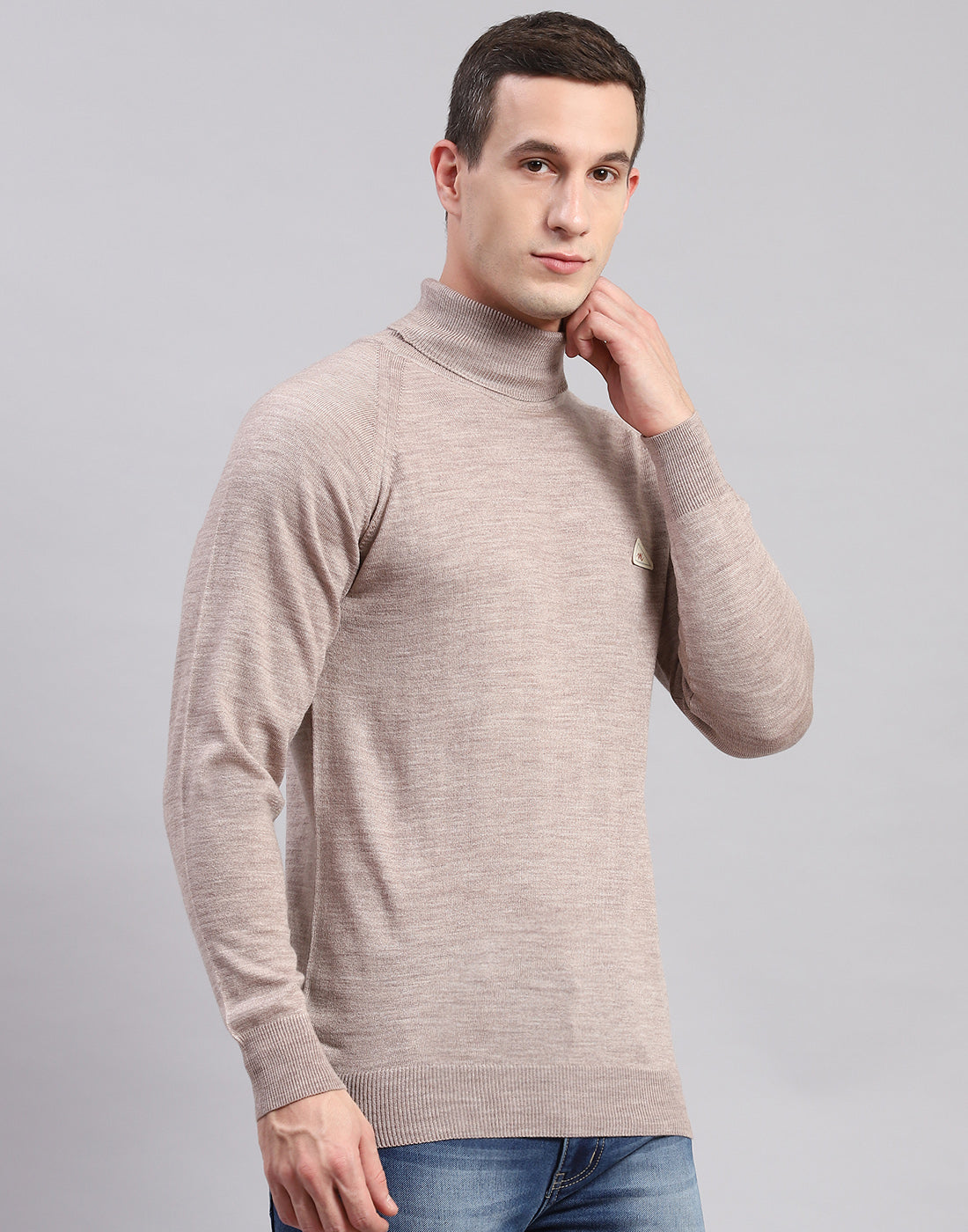 Men Beige Solid High Neck Full Sleeve Pullover
