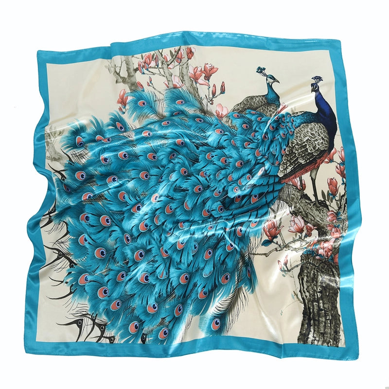 Women's Elegant Formal Peacock Flower Satin Silk Scarf