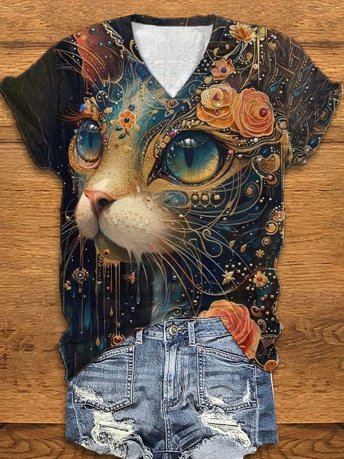 Women's Cat Print V-Neck T-Shirt