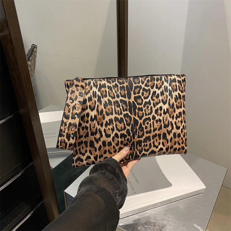 Black Brown Coffee Pu Leather Leopard Sewing Thread Square Clutches
