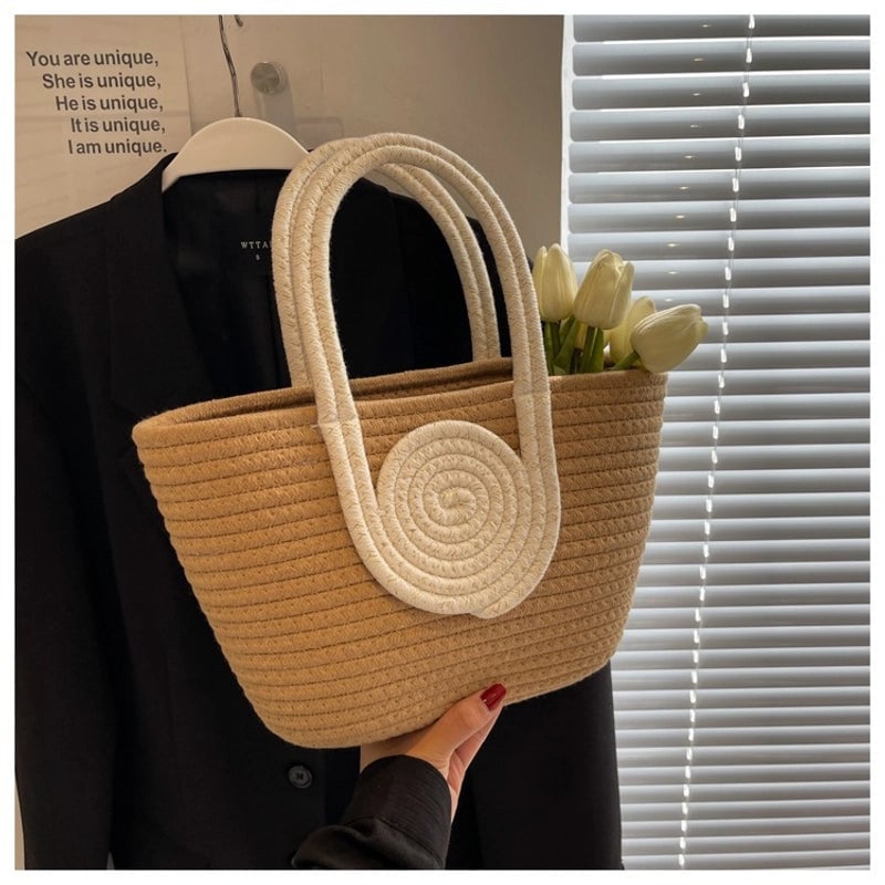 Women's Cotton Thread Splicing Vacation Weave Bucket Open Handbag