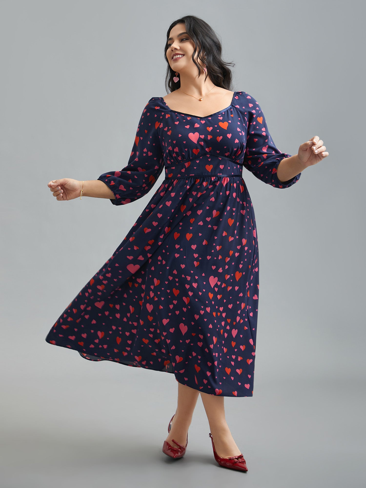 Hearts Print Contrast Webbing Pocket Dress