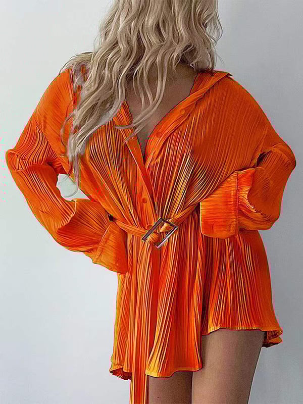 Long Sleeves Buttoned Pleated Solid Color Tied Waist Lapel Mini Dresses Shirt Dress
