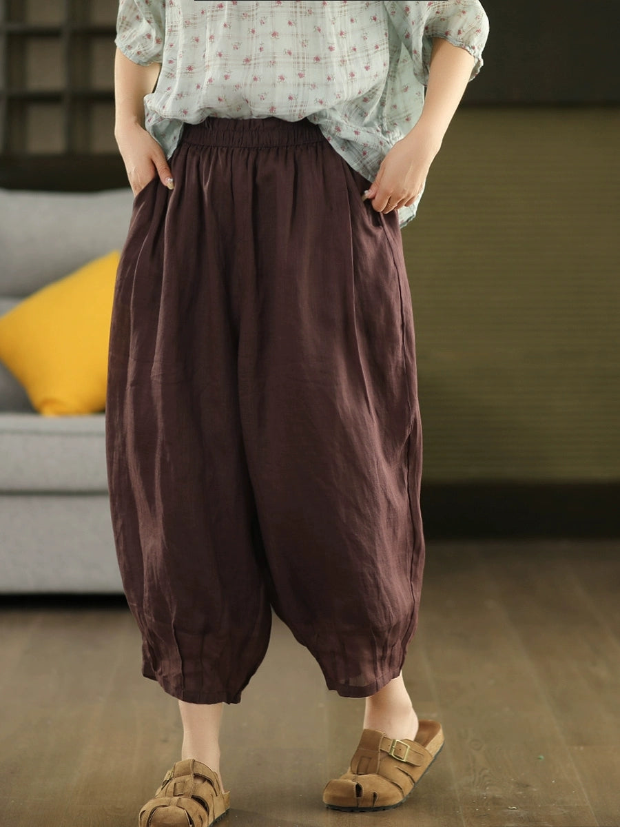 Women Summer Retro Pure Color 100%Ramie Bloomers
