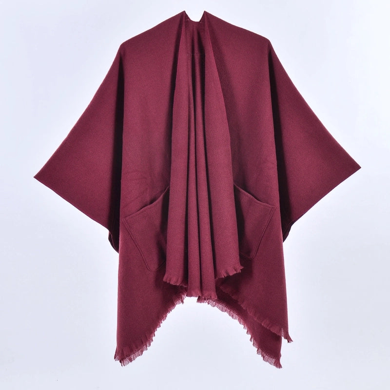 New Women's Autumn And Winter Warm Cloak Simple Double-sided Solid Color Split Cashmere Outerwear Shawl