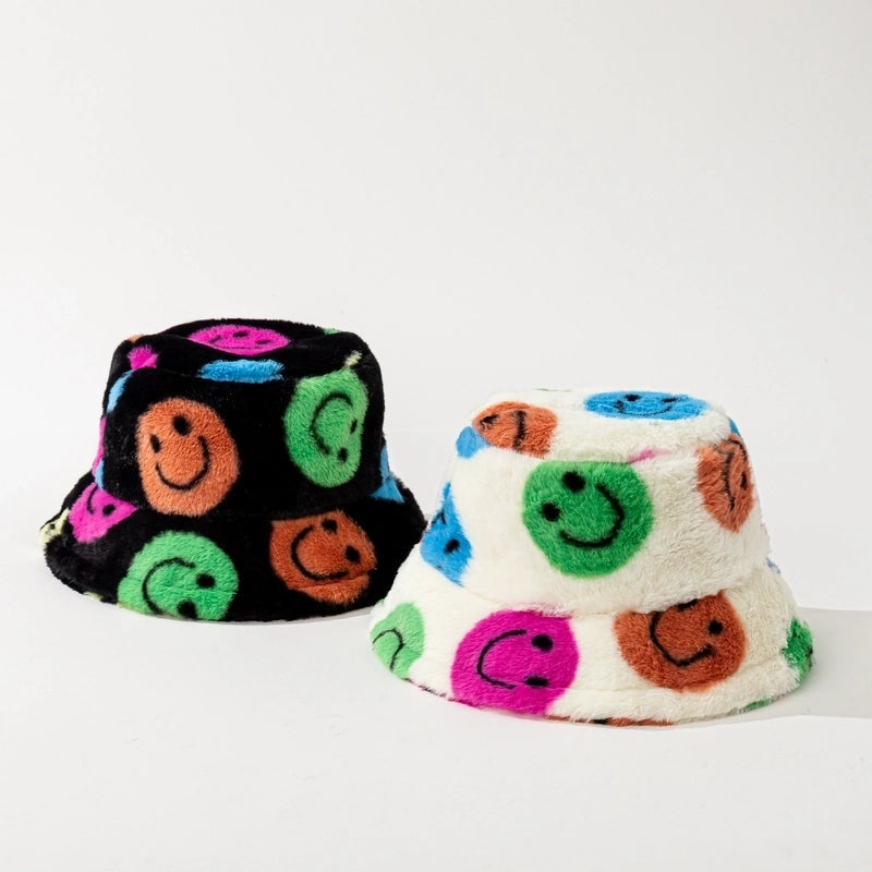 Women's Minimalist Smile Face Printing Flat Eaves Bucket Hat