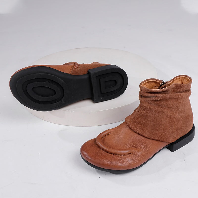 Handmade Soft Leather Ankle Boots For Women Splicing Design in Coffee/Black