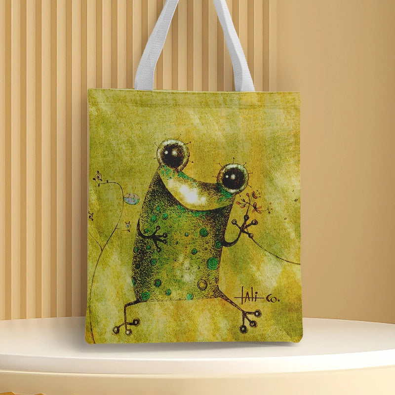 Women's Canvas Cartoon Frog Basic Classic Style Square Open Canvas Bag