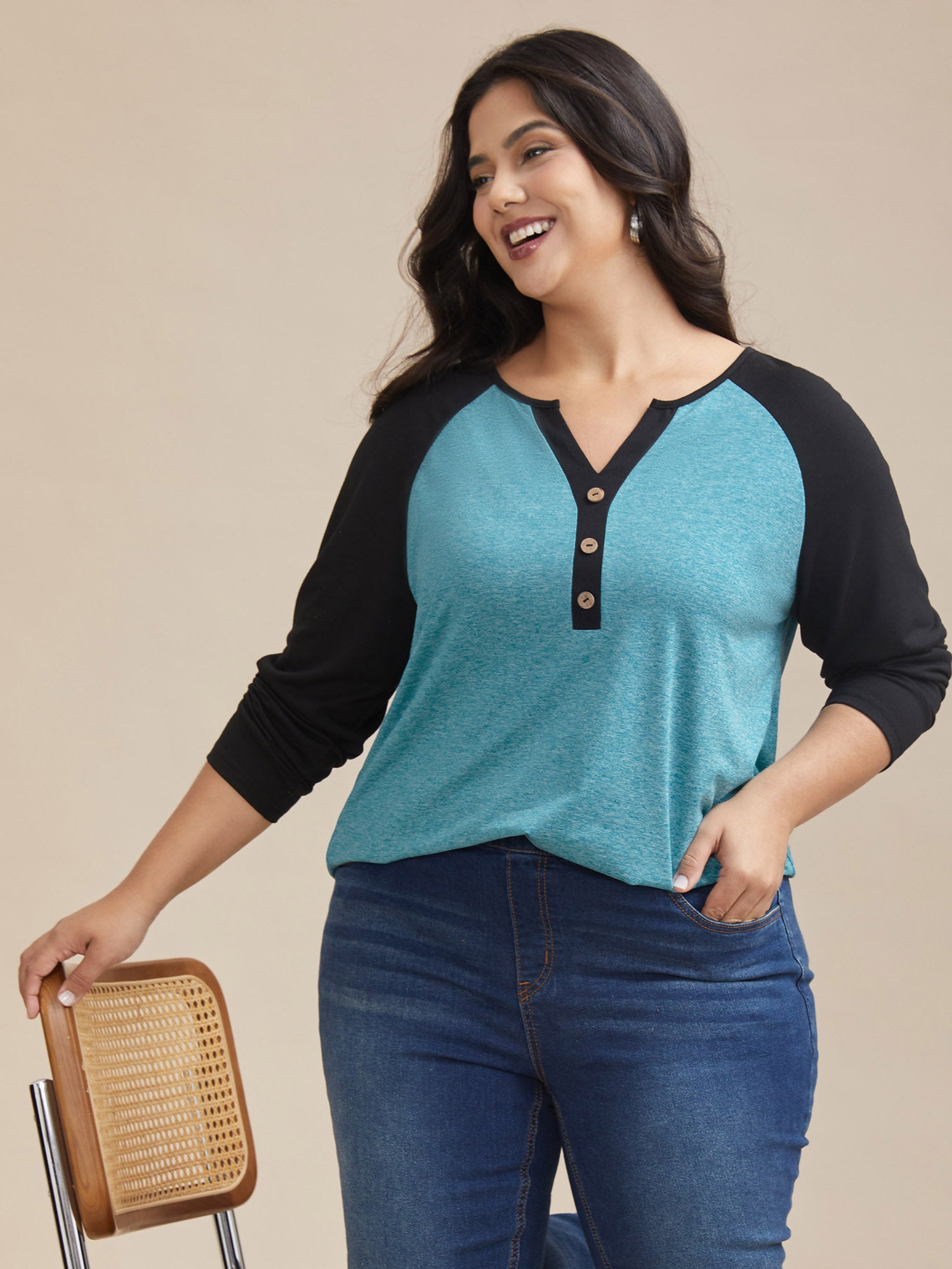 Heather Patchwork Button Detail Stretchy T-Shirt