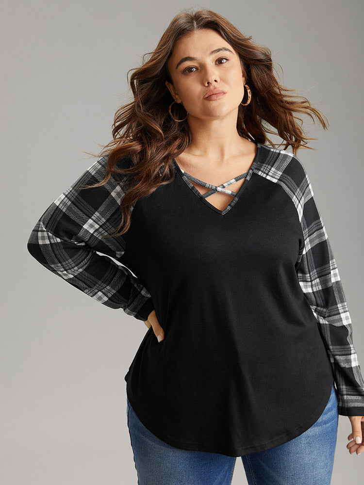 Plaid Patchwork Raglan Sleeve Crisscross T-shirt