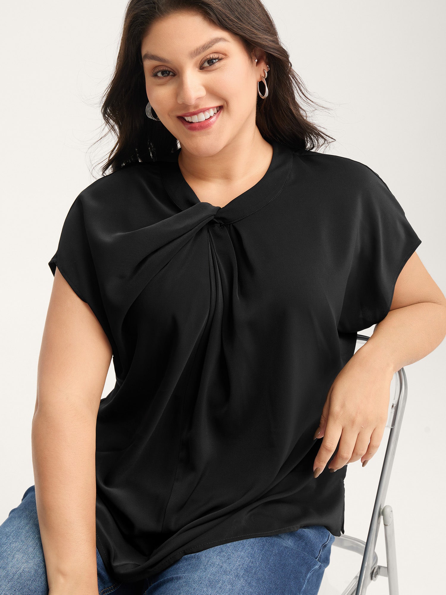 Solid Twist Neck Slit Blouse
