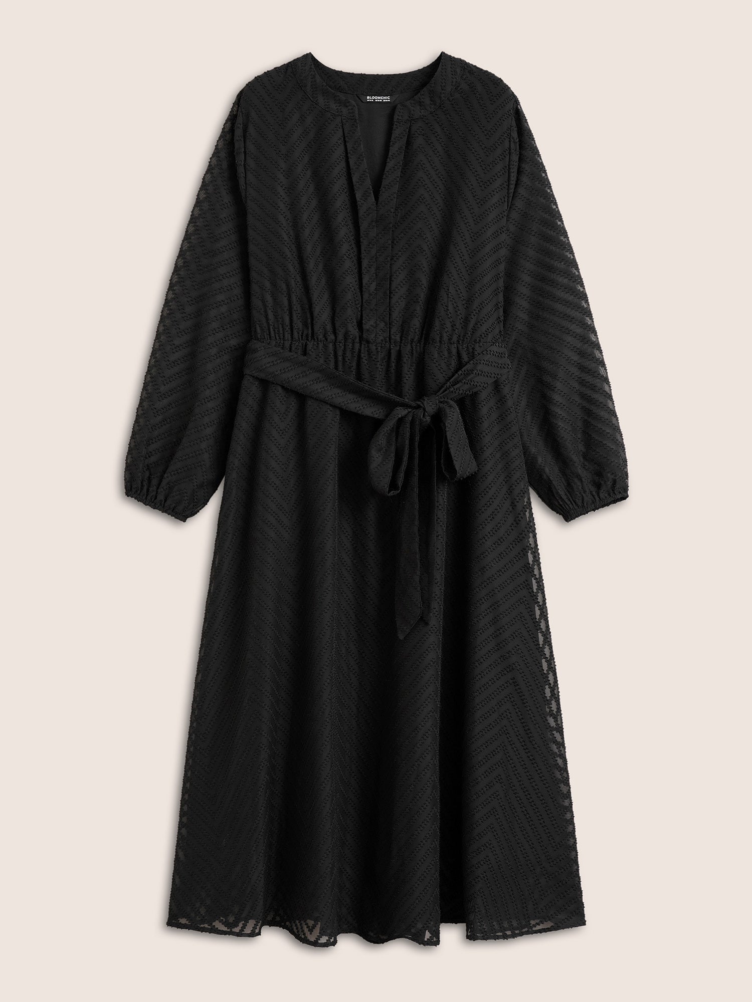 Solid Geometric Pocket Mesh Lantern Sleeve Belted Dress