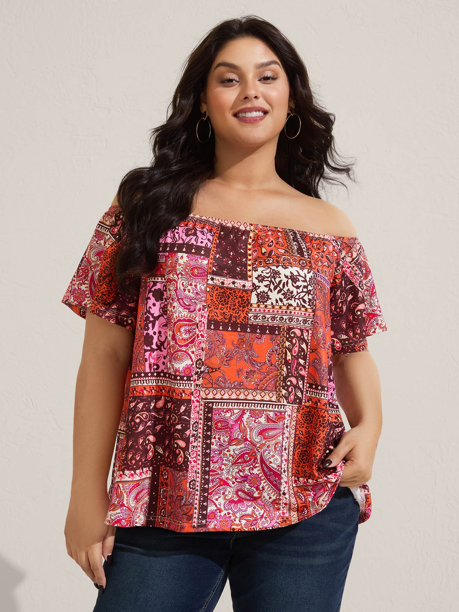 Boho Paisley Print Off-Shoulder Top
