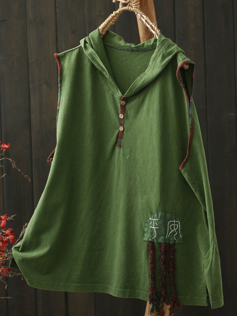 Women Summer Retro Embroidery Cotton Hooded Vest