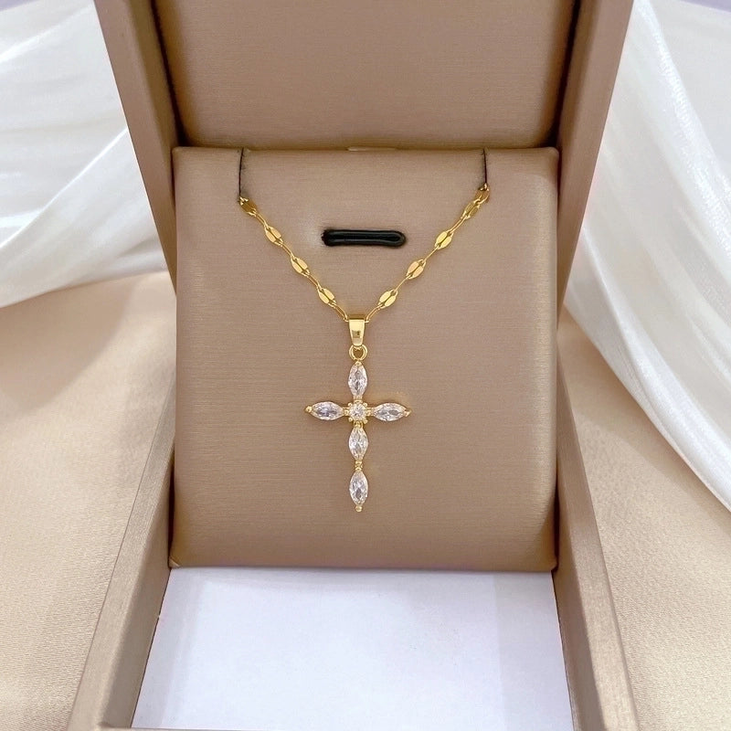 Minimalist Cross Stainless Steel Copper Inlay Zircon Pendant Necklace