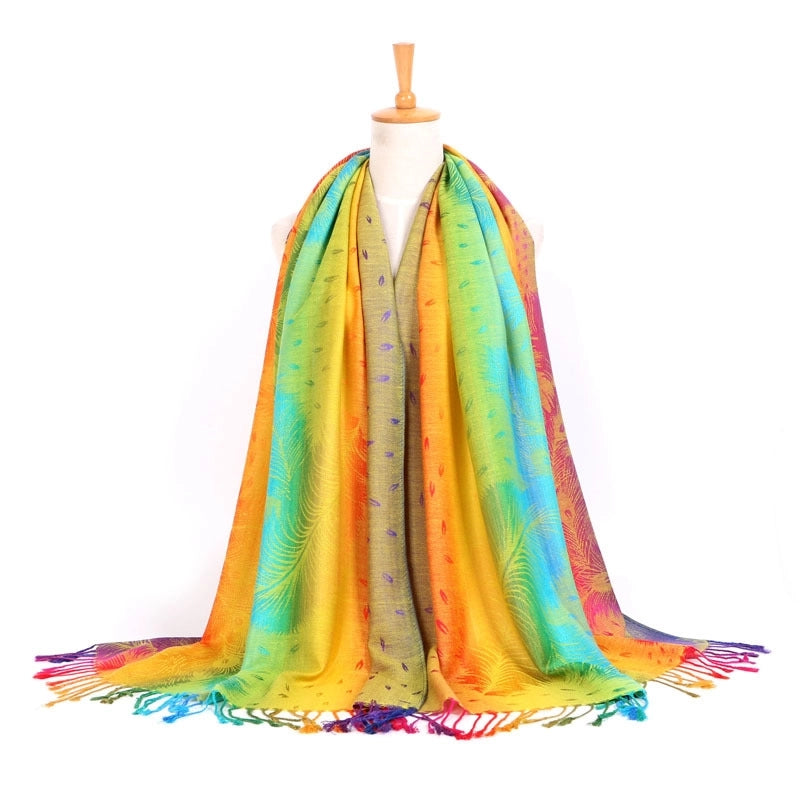 Ethnic Style Women's Vintage Jacquard Scarf Jacquard Cotton Feather Travel Spring And Autumn Long Shawl Warm Air Conditioning D01