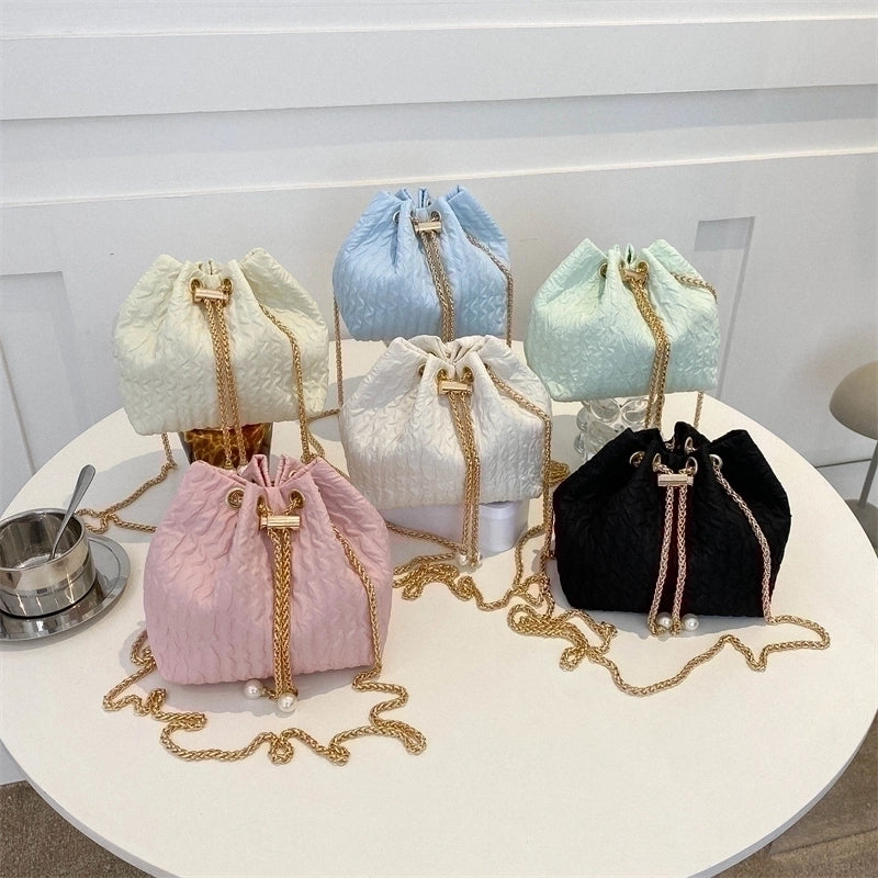 Women's Canvas Solid Color Basic Bucket String Crossbody Bag