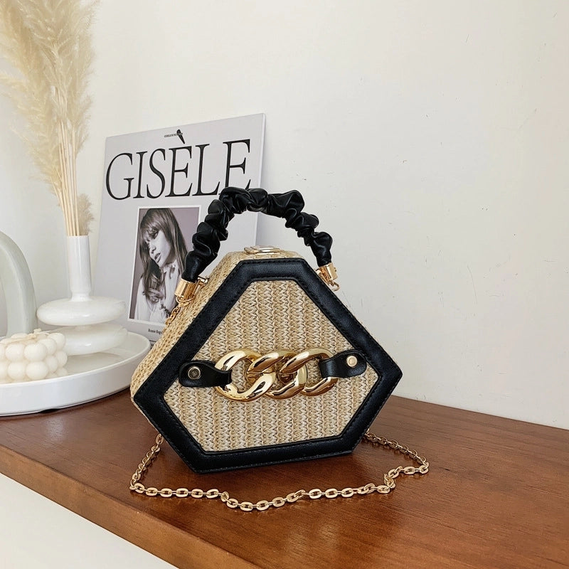 Women's Small Straw Geometric Classic Style Lock Clasp Straw Bag
